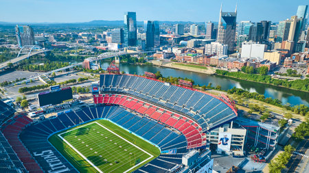 Aerial of Nissan Stadium and Nashville Skyline with River Viewの写真素材