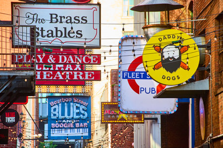 Vibrant Alley of Colorful Signs in Lively Printers Alley Nashville Eye Levelの写真素材
