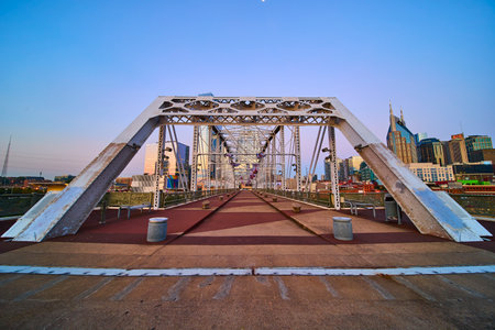 Nashville Pedestrian Bridge and Skyline at Golden Hour Eye-Level Perspectiveの写真素材