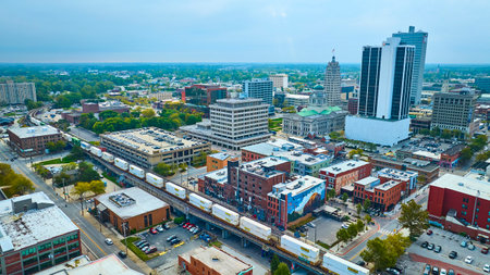 Aerial Urban Landscape Fort Wayne Skyline with Train Motionの写真素材