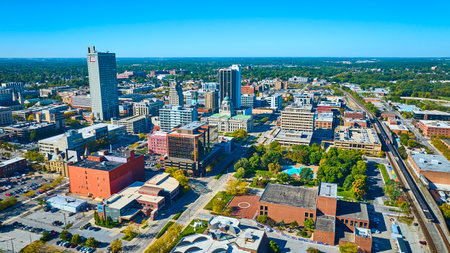 Aerial Urban Skyline with Skyscraper and Train in Fort Wayneの写真素材