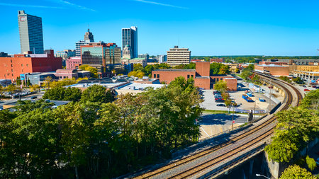 Aerial Fort Wayne Cityscape with Modern Skyline and Railway Motion