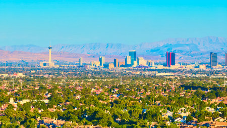 Aerial of Las Vegas Skyline with Stratosphere Tower at Golden Hourの写真素材