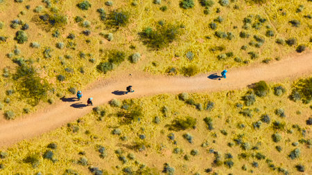 Aerial of Hikers on Desert Path in Mountain Springs Nevadaの写真素材