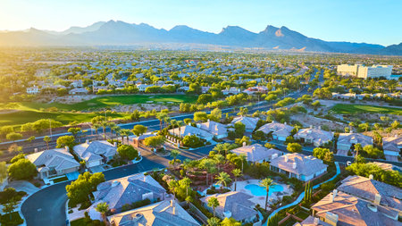 Aerial of Las Vegas Suburban Oasis at Golden Hourの写真素材