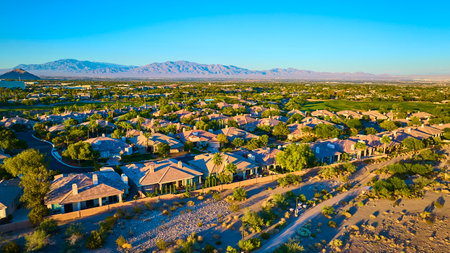 Aerial Suburban Desert Neighborhood Golden Hour Las Vegasの写真素材