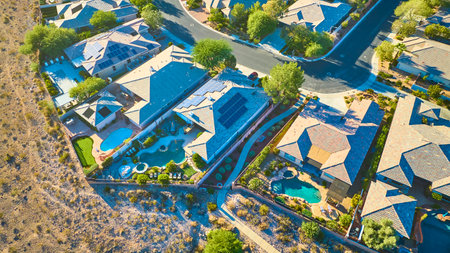 Aerial of Suburban Solar Homes in Desert Oasisの写真素材