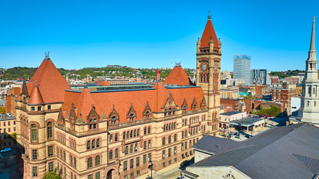 Aerial of Historic City Hall Amidst Modern Cincinnati Skylineの写真素材