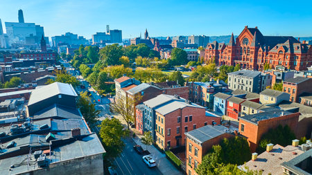 Aerial of Cincinnati Housing Architecture and Music Hall Against Skylineの写真素材