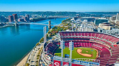 Aerial of Great American Ball Park and Roebling Bridge in Cincinnatiの写真素材