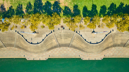 Aerial Top-Down of Cincinnati Riverside Promenade with Geometric Steps