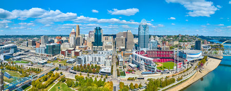Aerial Downtown Cincinnati Skyline and Ballpark Panoramaの写真素材
