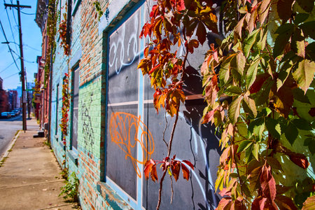 Urban Graffiti and Autumn Vines in Vibrant Cincinnati Street Sceneの写真素材