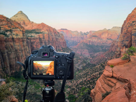 Zion Canyon Vista with DSLR on Tripod at Golden Hourの写真素材