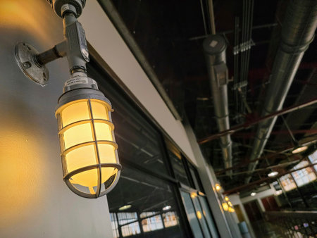 Industrial Cage Lamp with Warm Glow in Modern Loft Corridor Perspective