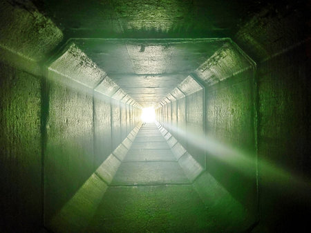 Concrete Tunnel with Green Light Perspectiveの写真素材