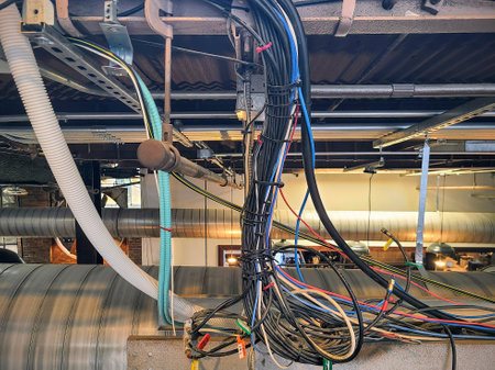 Industrial Cable Network and HVAC System Eye-Level View