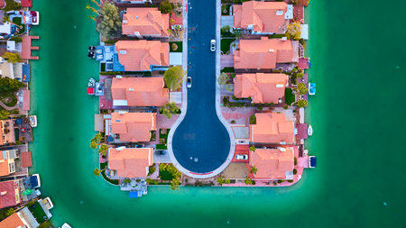 Aerial Top Down of Symmetrical Waterfront Suburb with Emerald Watersの写真素材