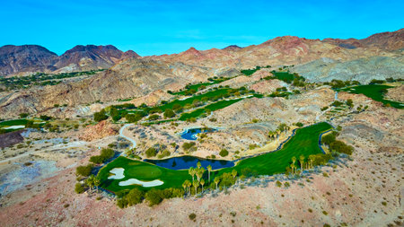 Aerial Oasis Golf Course with Desert Mountains Bootleg Canyon Nevadaの写真素材