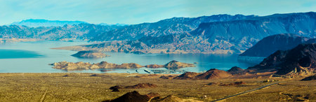 Aerial of Lake Mead Desert Landscape and Mountains in Nevadaの写真素材