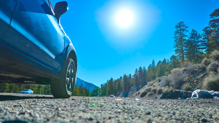 SUV on Dirt Road Amidst Forest Adventure in Nevada Aerial Perspectiveの写真素材