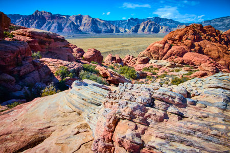 Red Rock Canyon Layered Formations and Distant Mountains Eye-Level Viewの写真素材