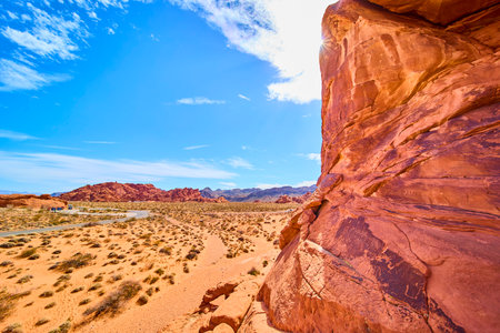 Red Rock Formations and Desert Road in Valley of Fire Eye-Level Viewの写真素材
