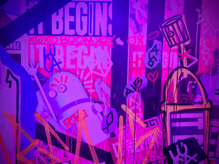 Vibrant Robot Street Art with Neon Glow Motion Perspective