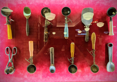 Vintage Ice Cream Scoops Collection Against Pink Backdrop Eye-Level Viewの写真素材