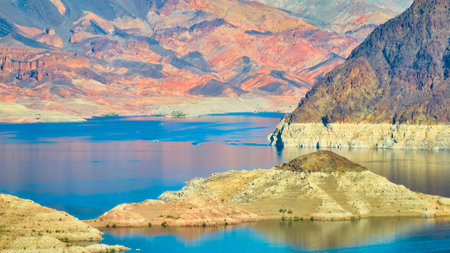 Aerial of Lake Meads Blue Waters and Rugged Terrainの写真素材