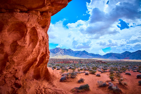 Red Sandstone Cliff and Desert Vista in Valley of Fire Midday Viewの写真素材