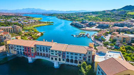 Aerial Waterfront Bridge and Resort Homes Lake Las Vegas Fly Overの写真素材
