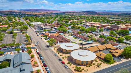 Aerial Suburban Homes Round Buildings Landscape Fly Throughの写真素材