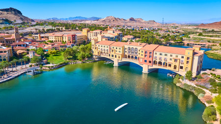 Aerial Waterfront Mediterranean Village and Lake at Lake Las Vegas Fly Overの写真素材