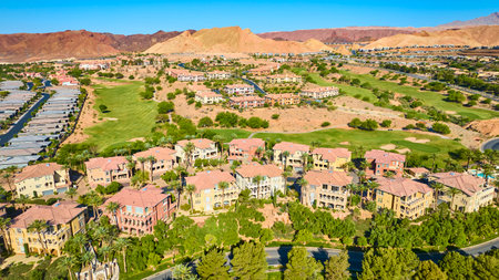 Aerial Upscale Golf Course Community with Desert Mountains Lake Las Vegasの写真素材