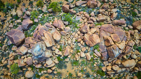 Aerial Desert Boulders and Sparse Vegetation Top Down Viewの写真素材
