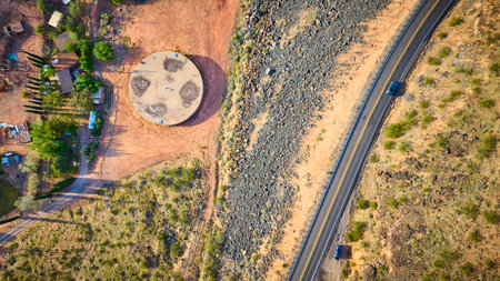 Aerial view rural water tank desert homes and curved road top down perspectiveの写真素材
