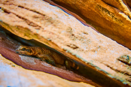 Desert Lizard Camouflage Among Layered Rocks Close Up Eye Level Viewの写真素材