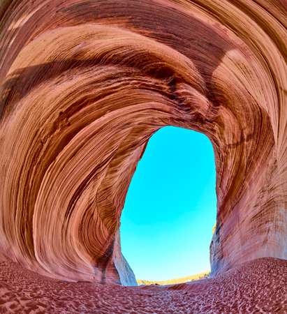 Sandstone Cave Amphitheater with Swirling Rock Waves Ground Level Motion View