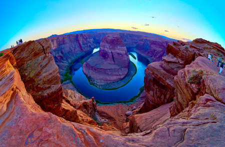 Horseshoe Bend Colorado River with Sandstone Cliffs at Sunset Aerial Panoramaの写真素材