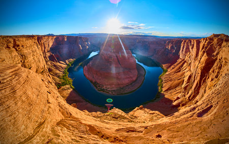 Horseshoe Bend Colorado River Sandstone Cliffs Panoramic Golden Hour Viewの写真素材