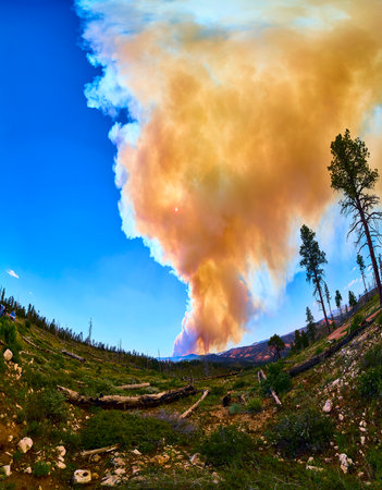 Panorama of Wildfire Smoke and Sun Over Forested Landscape in Utah Scenic Wildernessの写真素材