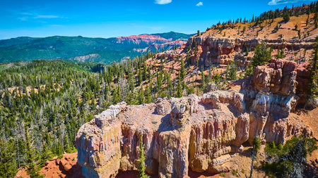 Aerial Dramatic Rock Formations Pine Forest and Mountain Landscapeの写真素材