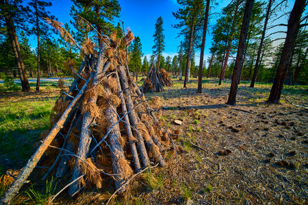 Burning Piles of Dry Branches Forest Management and Pine Trees in Sunlit Utah Woodsの写真素材