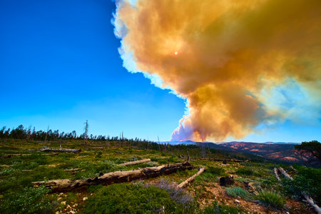 Wildfire Smoke Sun and Forest Landscape in Bryce Canyon National Park Utahの写真素材