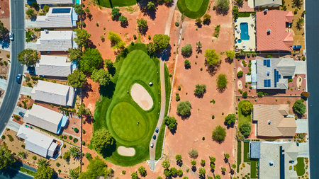 Aerial Residential Golf Course Community With Lush Greens And Desert Landscape Top Downの写真素材
