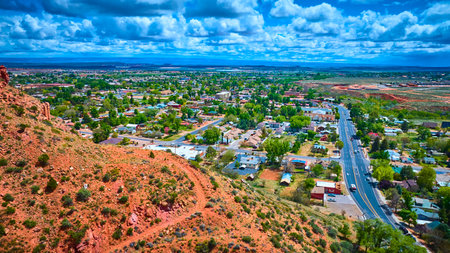 Aerial Small Town and Red Rock Desert Landscape in Kanab Utahの写真素材