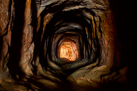 Rugged Rock Tunnel Interior with Graffiti and Warm Light Exitの写真素材