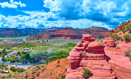 Aerial Red Rock Formations and Rural Town Kanab Utah Panoramaの写真素材