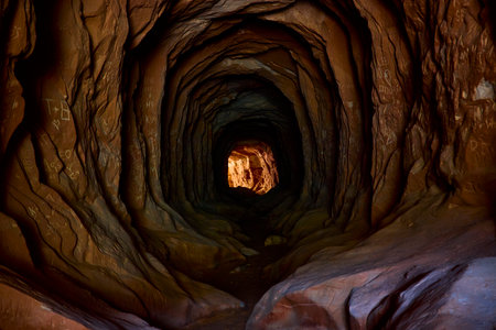 Hand Carved Desert Tunnel with Graffiti and Sunlit Exit Belly of the Dragon Utahの写真素材